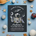 Astronaut & Planets Boy's Birthday Party Invitation<br><div class="desc">Celebrate your son's special day with these space-themed birthday party invitations! This design features a waving astronaut surrounded by stars and planets against a dark night sky. Personalise with your details in modern script typography. These cards reverse to a green colour. Edit the text in the template boxes and choose...</div>