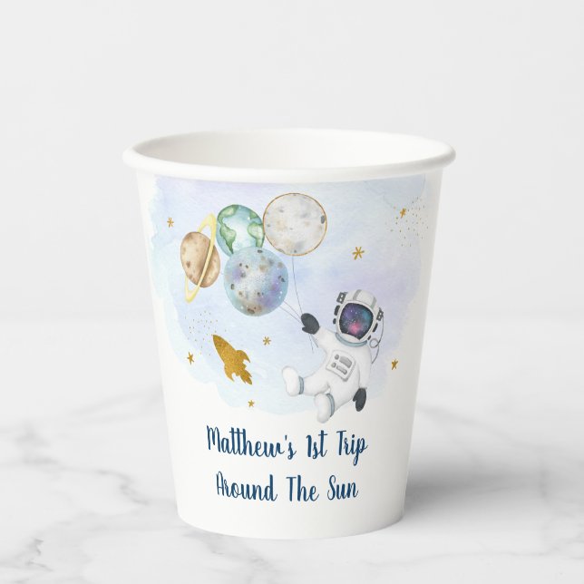 Astronaut Planets Space Blue Gold Birthday Paper Cups (Front)