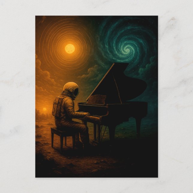 Astronaut Playing Piano in Split Reality - Surreal Postcard (Front)