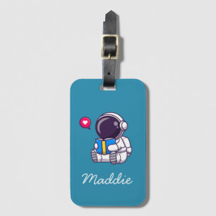 Astronaut reading book cute kids luggage tag