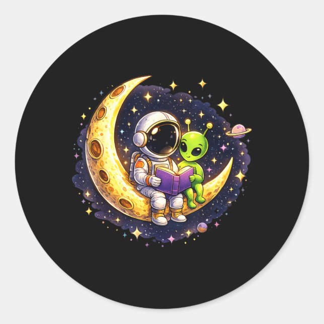 Astronaut Reading Book to Alien Moon Space Classic Round Sticker (Front)