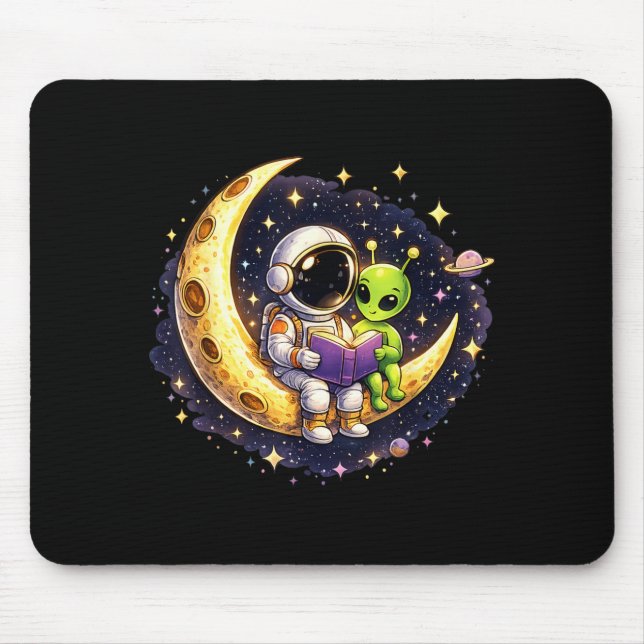 Astronaut Reading Book to Alien Moon Space Mouse Mat (Front)