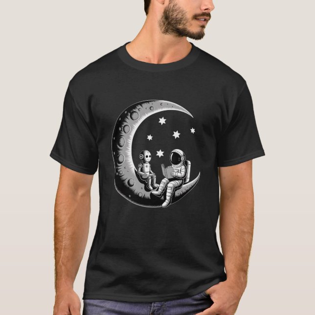 Astronaut Reading to Robot on Moon Space Learning T-Shirt (Front)