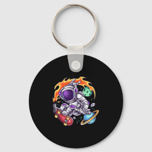 Astronaut Rides Skateboard In Space Between Planet Key Ring