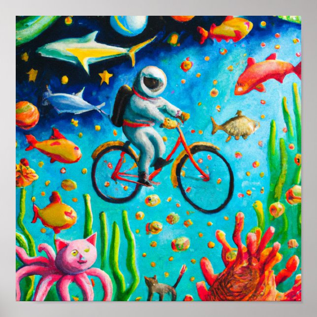 Astronaut riding a bibicle in the sea colourful poster (Front)