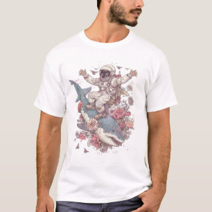 Astronaut Riding a shark floral T-Shirt