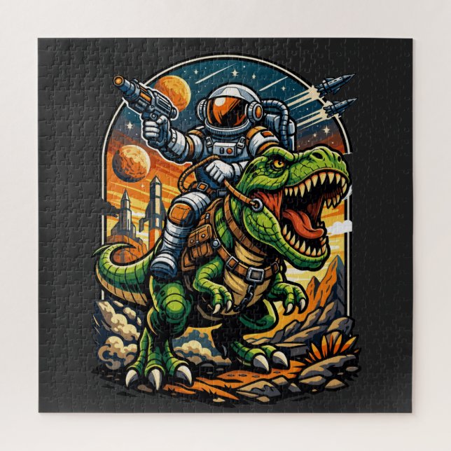 Astronaut Riding a T-Rex – Epic Space Dinosaur Jigsaw Puzzle (Vertical)