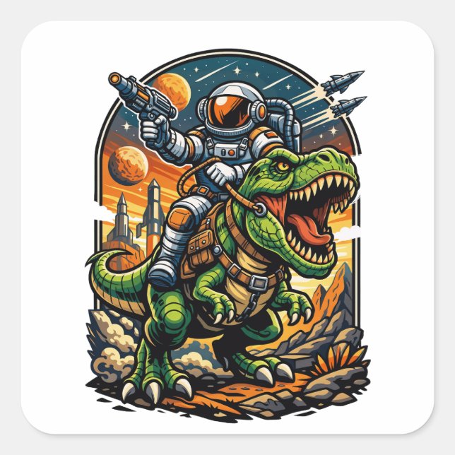 Astronaut Riding a T-Rex – Epic Space Dinosaur Square Sticker (Front)