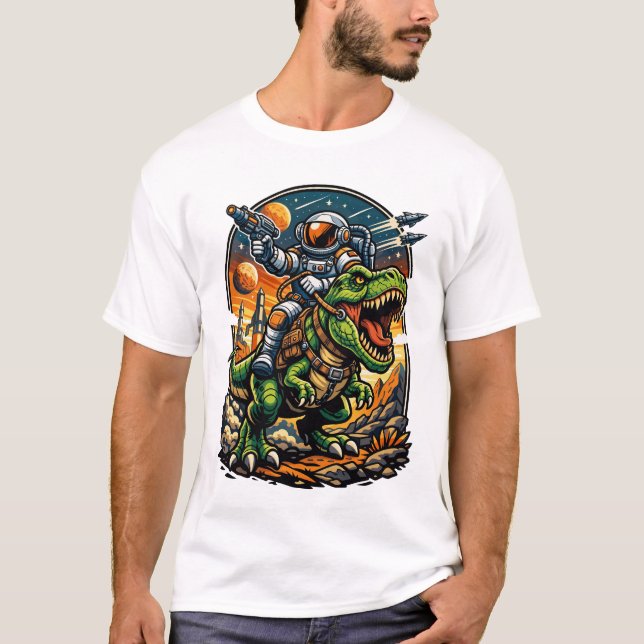 Astronaut Riding a T-Rex – Epic Space Dinosaur T-Shirt (Front)