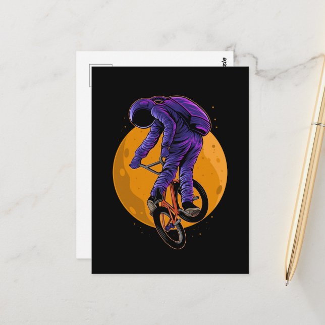Astronaut Riding Bmx Bike On The Moon Halloween Postcard (Front/Back In Situ)