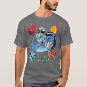 Astronaut Riding Cute Shark In Space Around Planet T-Shirt
