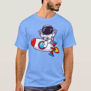 Astronaut Riding Rocket With Peace Hand Cartoon T-Shirt