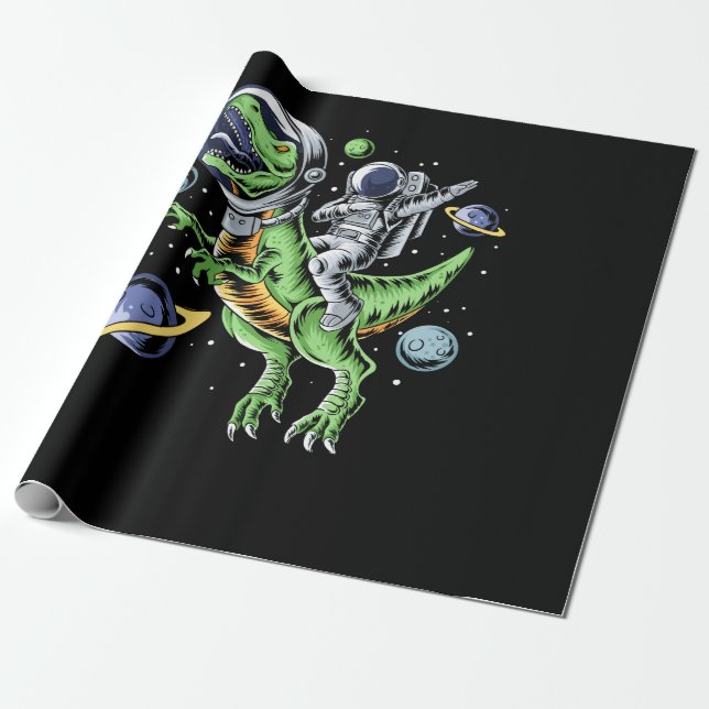 Astronaut Riding T-Rex Dinosaur Astro T-Rex Space Wrapping Paper (Unrolled)
