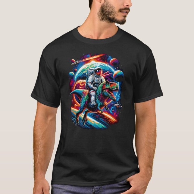 Astronaut Riding T-Rex Dinosaur Space T-Shirt (Front)