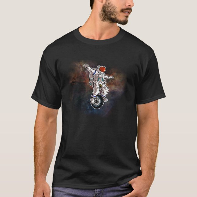 Astronaut Riding Unicycle in Outer Space by Nebula T-Shirt (Front)