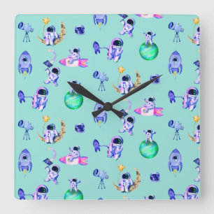 Astronaut rocket earth space square wall clock