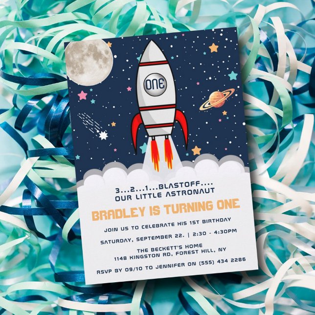 Astronaut Rocket Outer Space 1st Birthday Invitation (Creator Uploaded)