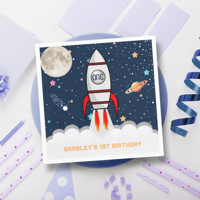 Astronaut Rocket Outer Space 1st Birthday Napkin (Creator Uploaded)