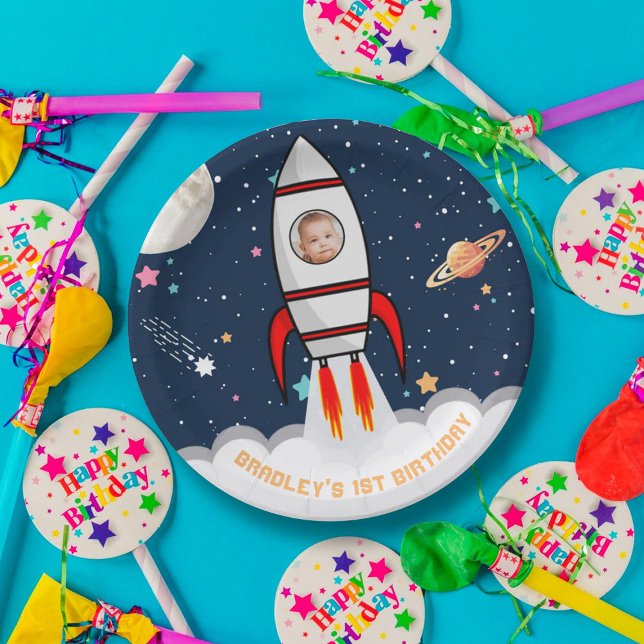 Astronaut Rocket Outer Space 1st Birthday Photo Paper Plate (Creator Uploaded)