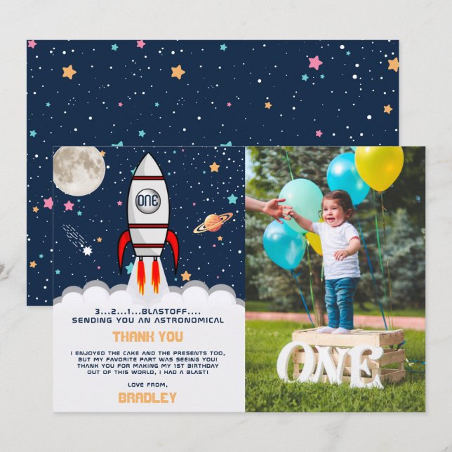 Astronaut Rocket Outer Space 1st Birthday Photo Thank You Card (Front/Back)