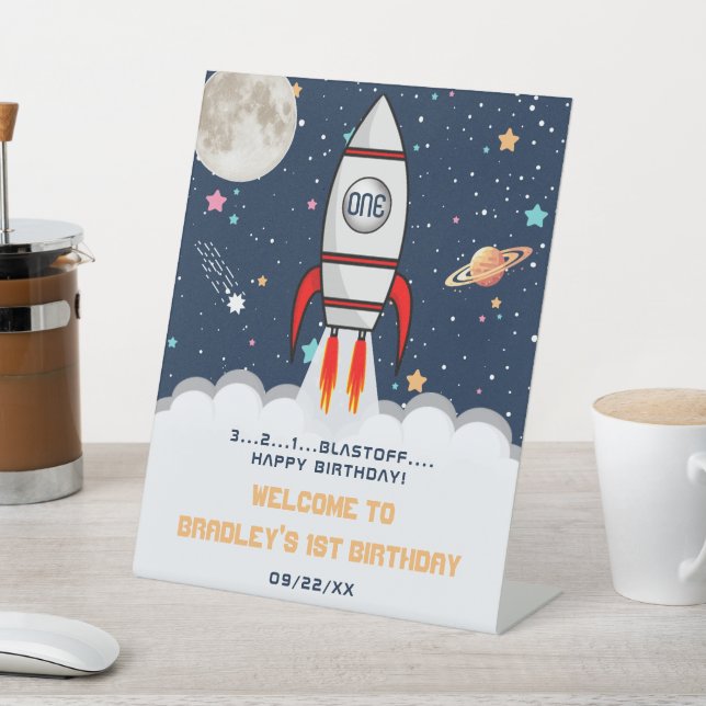 Astronaut Rocket Outer Space 1st Birthday Welcome Pedestal Sign (In SItu)