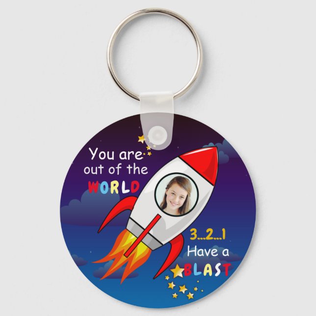 Astronaut rocket outer space personalised photo  key ring (Front)