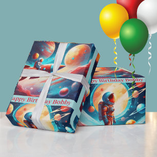 Astronaut Rocket Planets Boys Birthday Colourful Wrapping Paper