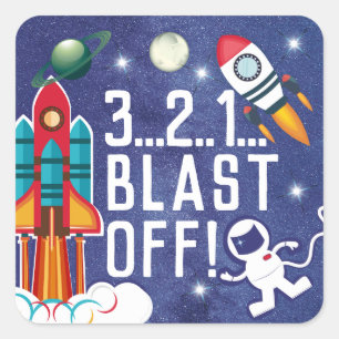 Astronaut Rocket Ship Outer Space BLAST OFF Square Sticker