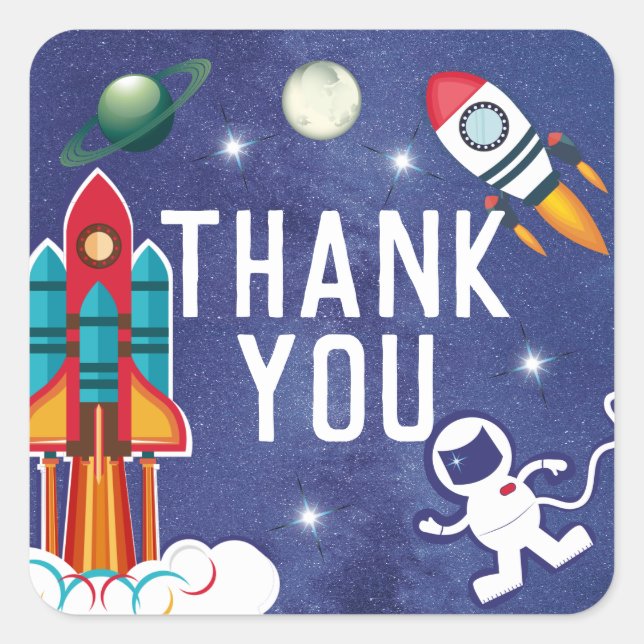 Astronaut Rocket Ship Outer Space Thank You Square Sticker (Front)