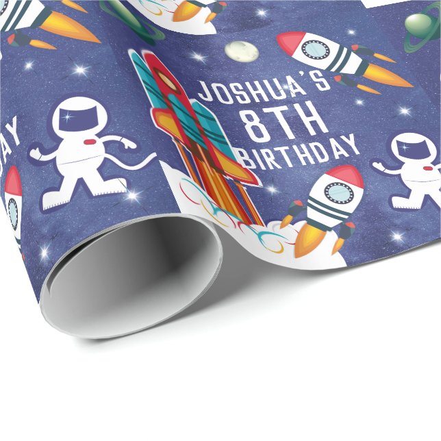 Astronaut Rocket Ship Personalised Birthday Gift Wrapping Paper (Roll Corner)