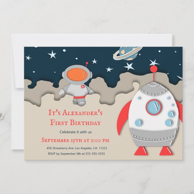 Astronaut Rocket Space 1st Birthday Invitation (Front)