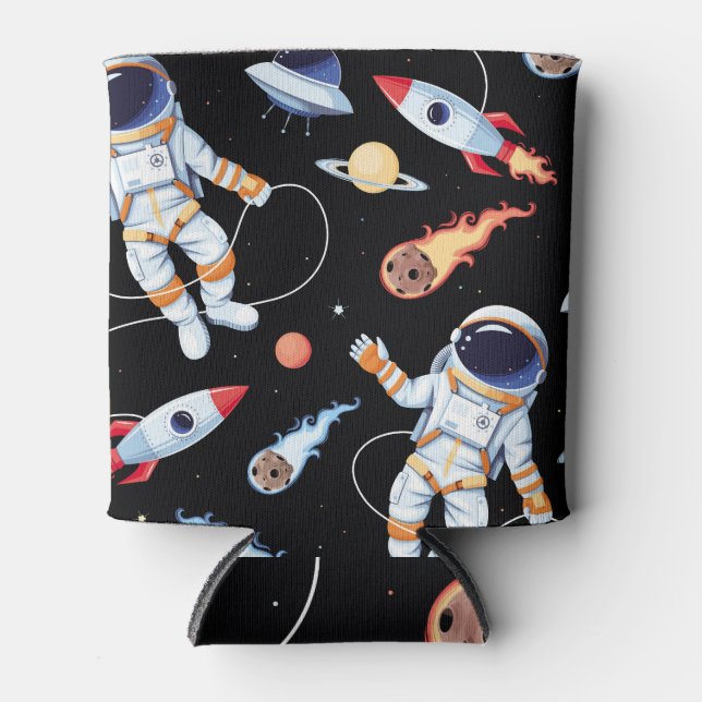 Astronaut Rocket: Vintage Space Seamless Pattern Can Cooler (Front)