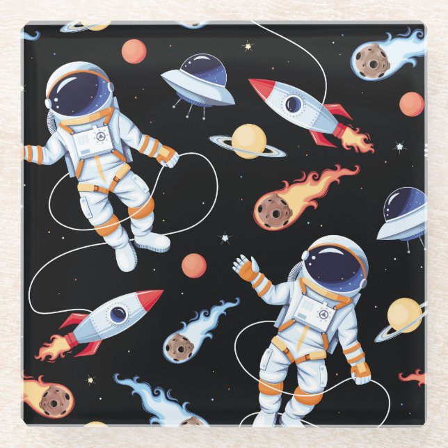 Astronaut Rocket: Vintage Space Seamless Pattern Glass Coaster (Front)