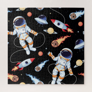 Astronaut Rocket: Vintage Space Seamless Pattern Jigsaw Puzzle