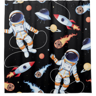 Astronaut Rocket: Vintage Space Seamless Pattern Shower Curtain