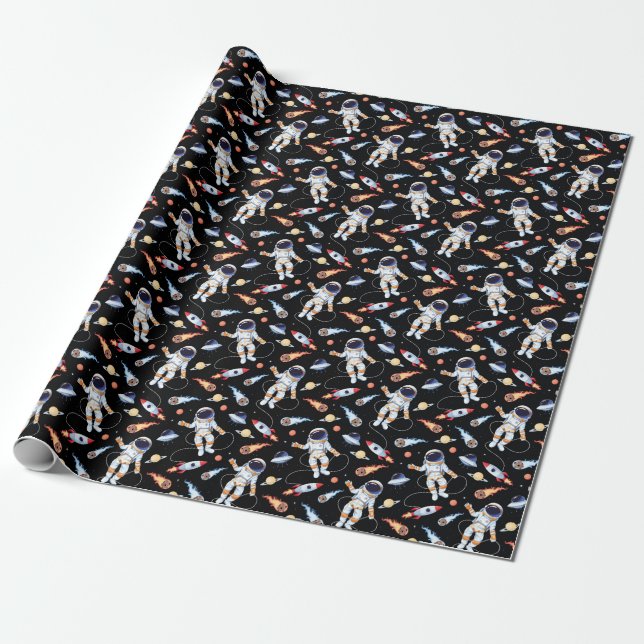 Astronaut Rocket: Vintage Space Seamless Pattern Wrapping Paper (Unrolled)