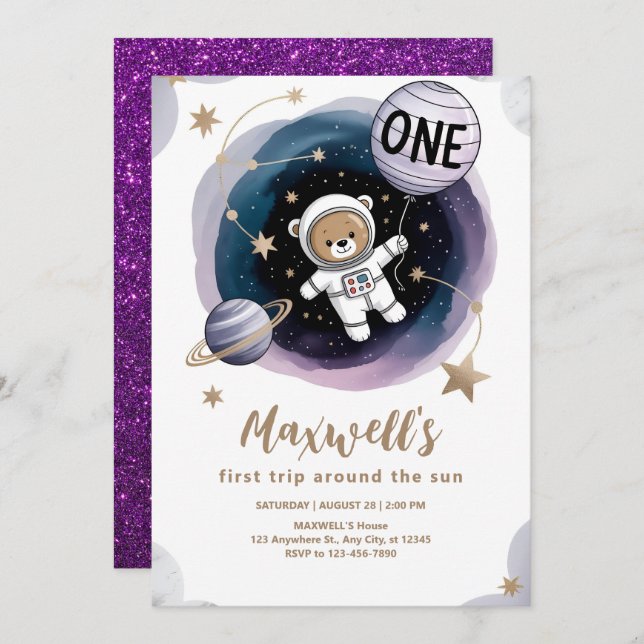 Astronaut Space 1st Birthday Invitation (Front/Back)