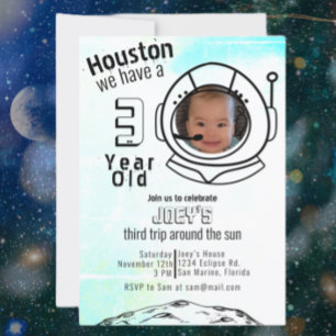 Astronaut Space Blue Custom Photo Birthday  Invitation