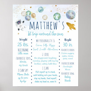 Astronaut Space Blue Gold First Birthday Milestone Poster