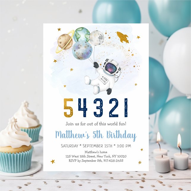 Astronaut Space Countdown 5th Birthday Invitation (Creator Uploaded)