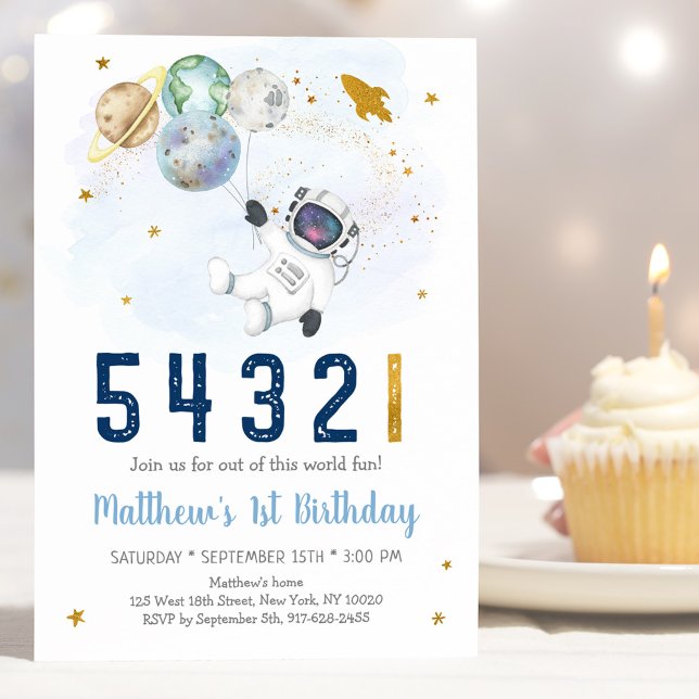 Astronaut Space Countdown First Birthday Invitation (Creator Uploaded)