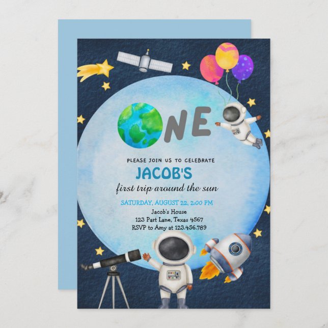 Astronaut Space First Trip Around The Sun Birthday Invitation (Front/Back)