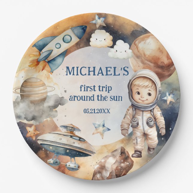 Astronaut Space First Trip Around The Sun Birthday Paper Plate (Front)
