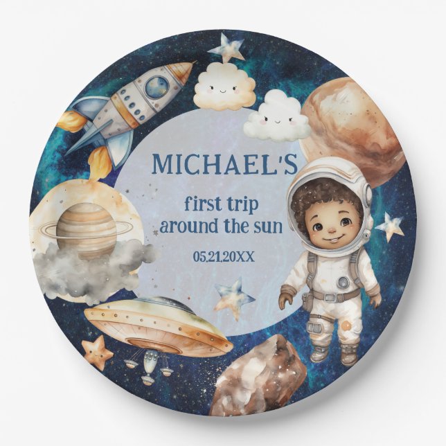 Astronaut Space First Trip Around The Sun Birthday Paper Plate (Front)