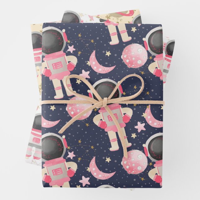 Astronaut Space Girl Pattern Wrapping Paper Sheet (In situ)