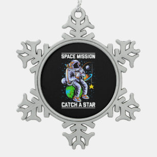 Astronaut Space Mission Catch A Star Snowflake Pewter Christmas Ornament