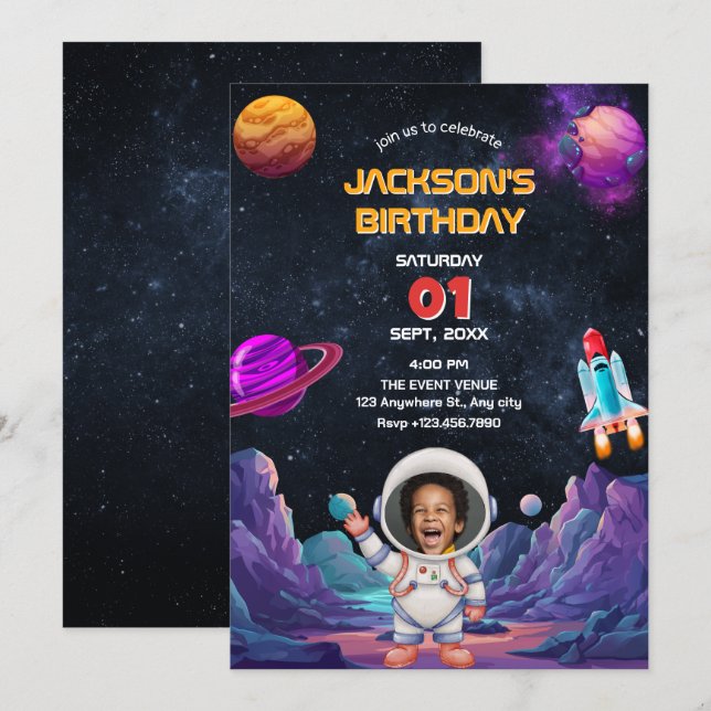 Astronaut space photo birthday invitation (Front/Back)