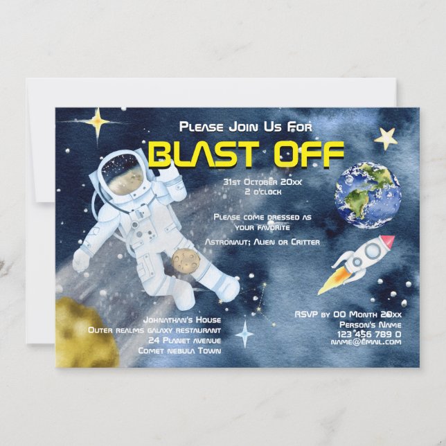 Astronaut space ship UFO planets kids adults party Invitation (Front)