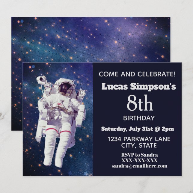 Astronaut Space Themed Birthday Invitations (Front/Back)