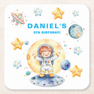 Astronaut Space-Themed Custom Birthday Party Square Paper Coaster